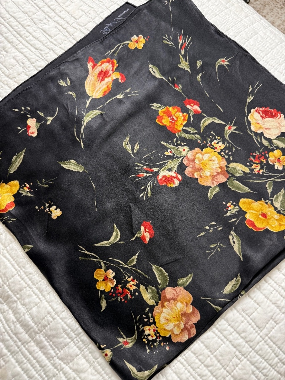 Ralph Lauren 100% Silk Scarf Black Floral Vintage Style 34x34